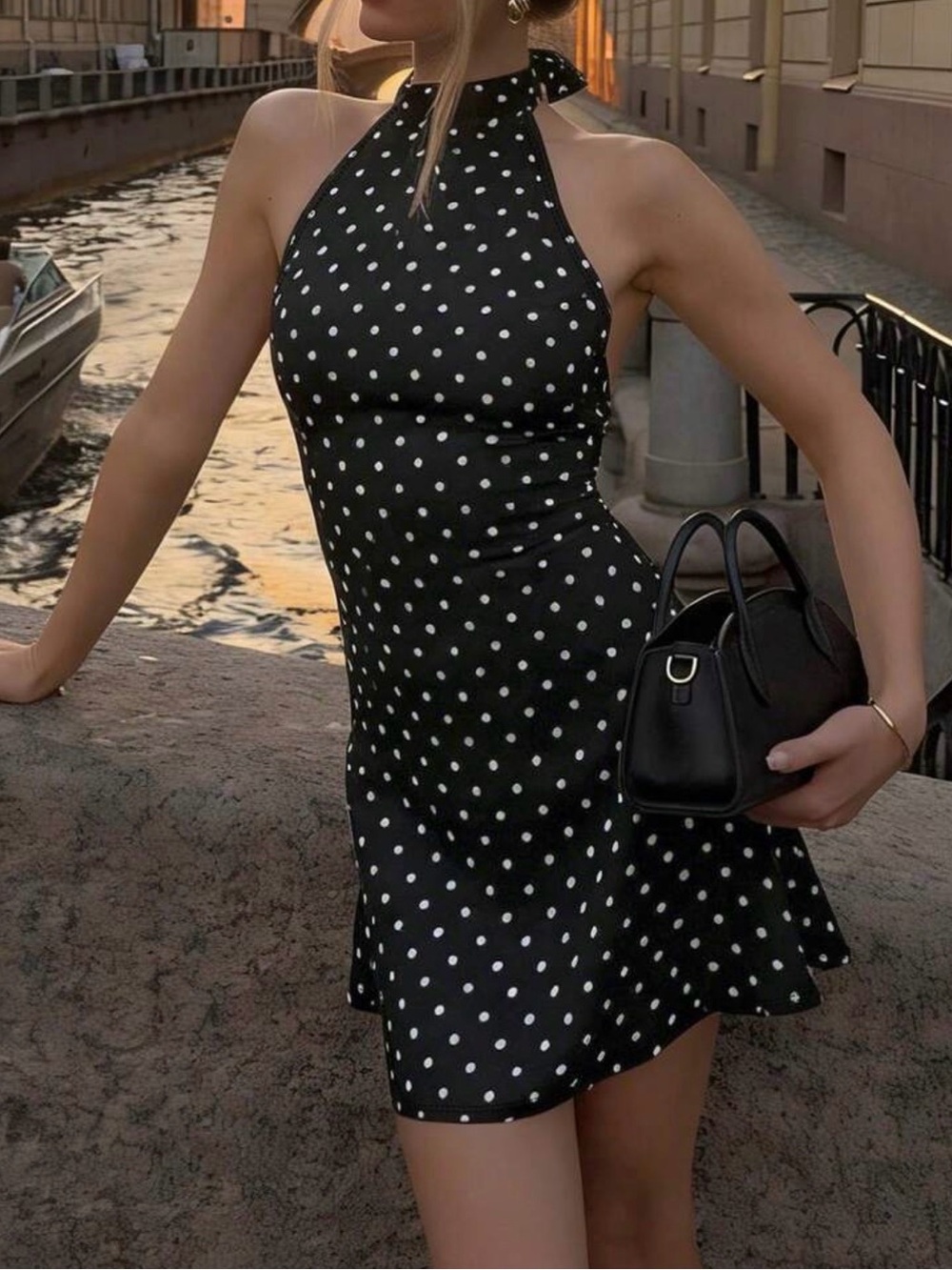 Polka Dot Halter Mini Dress in Black